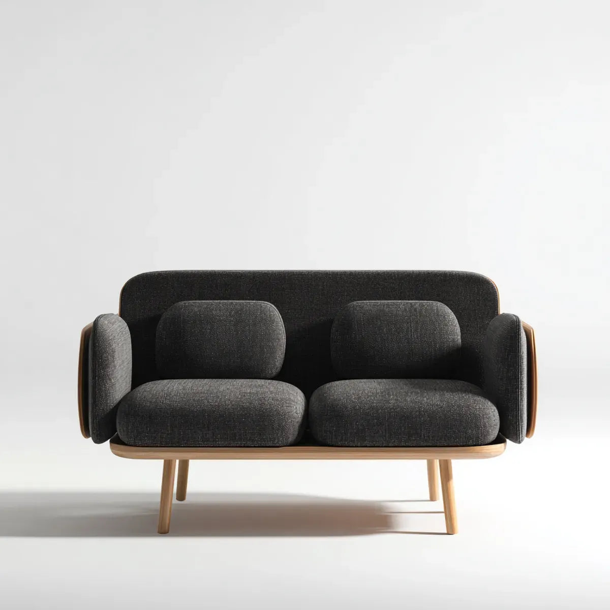 sofa 2-osobowa antracytowa jasnobrązowa prostokątna 150 x 78 x 82 cm z tapicerką poliestrową i drewnianą ramą bukową