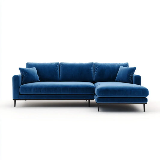 Sofa, Kanapa narożna z recyrem po prawej ciemnoniebieskiej 260 x 160 x 85 cm poliestrowego aksamitu w kształcie L