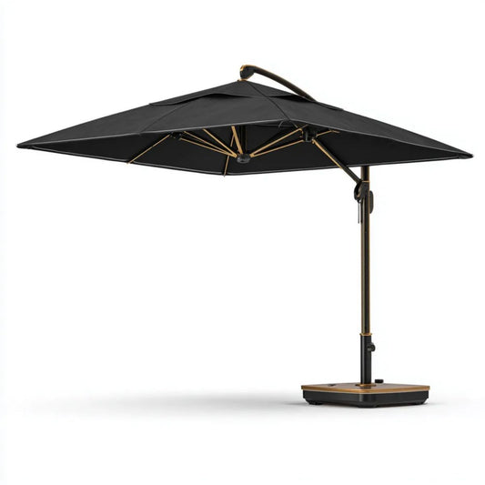 Parasol lub markiza ogrodowa, Czarny i brązowy kwadratowy wspornikowy parasol ogrodowy w poliestrze i stali 300 x 300 cm z stabilną podstawą
